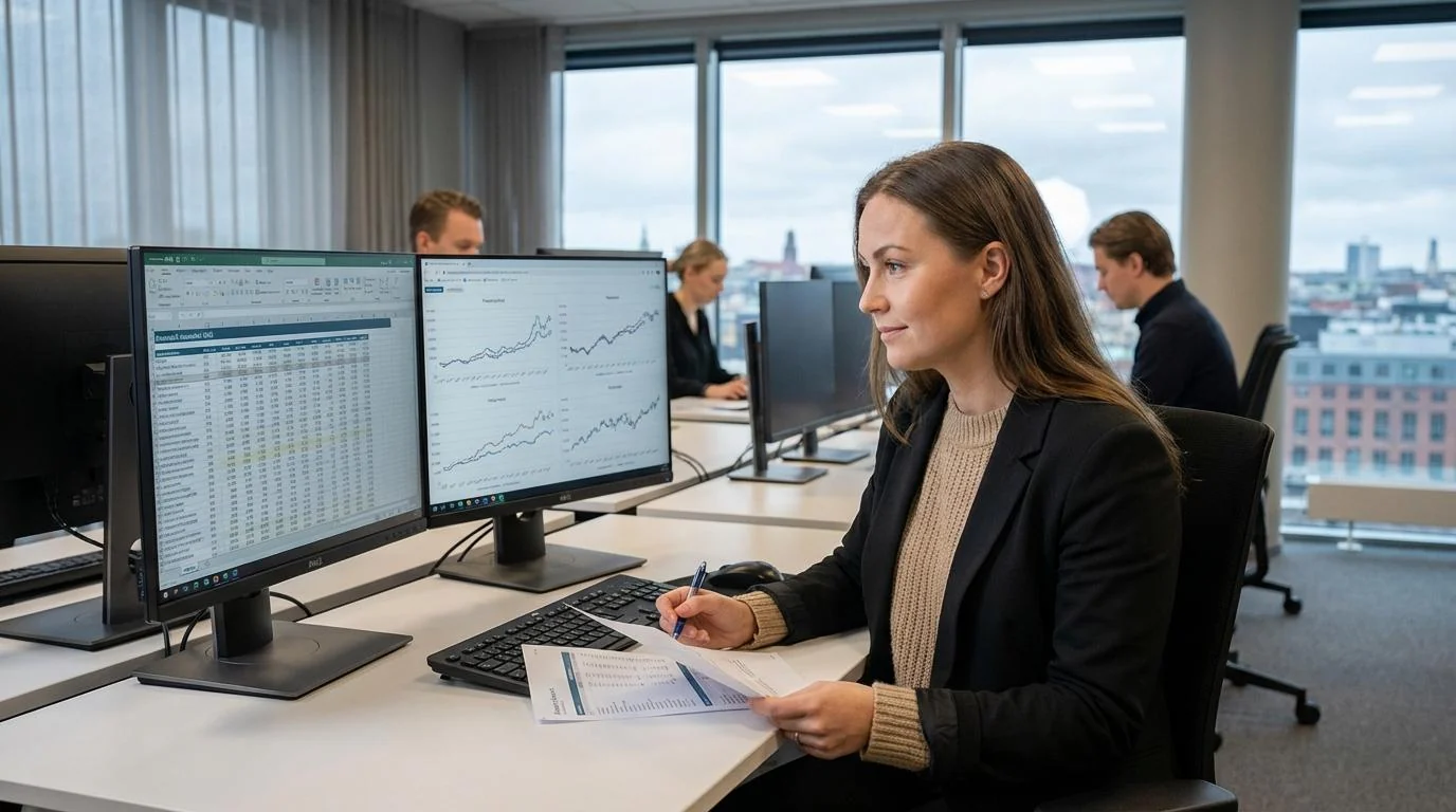 Accounting professional reviewing financial reports at dual monitors