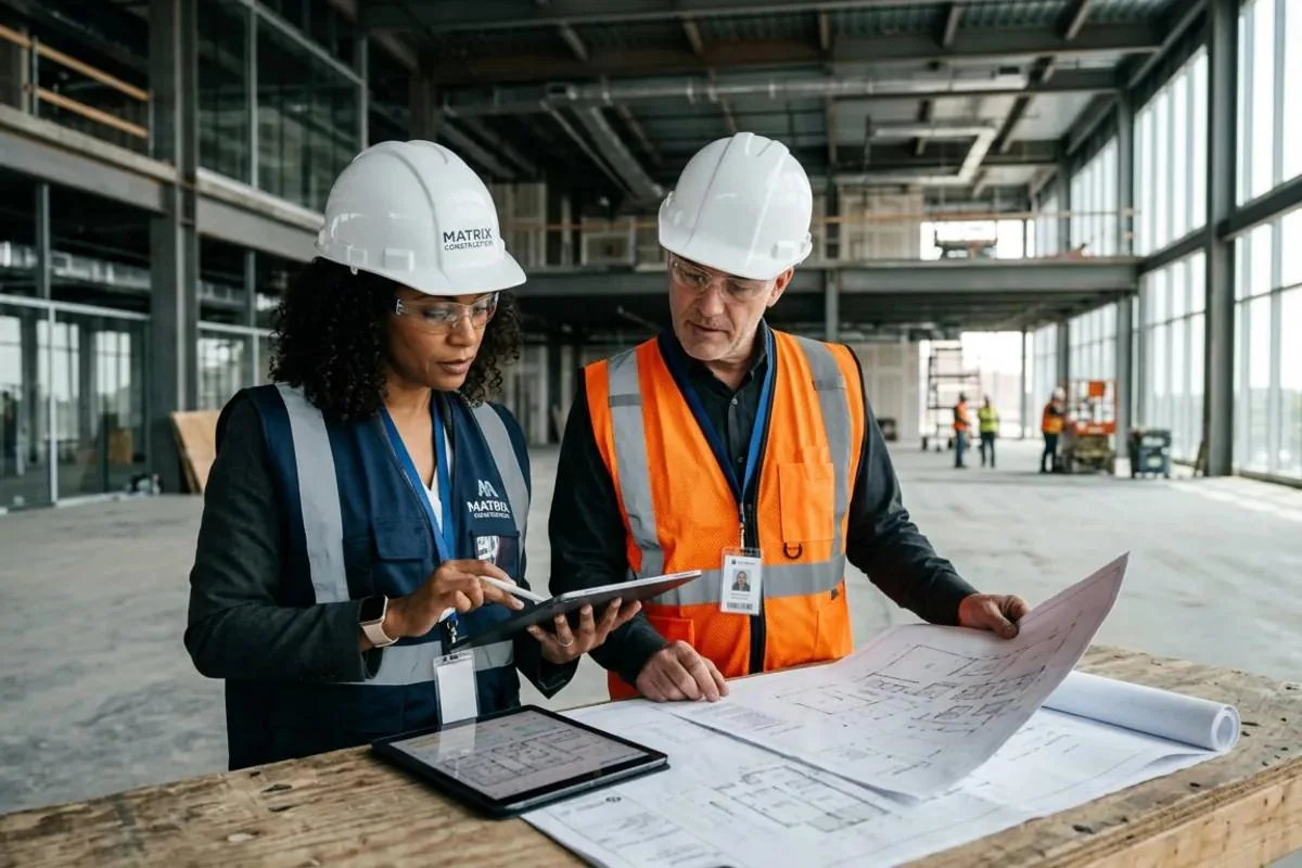 Construction professionals reviewing plans and a tablet at a job site