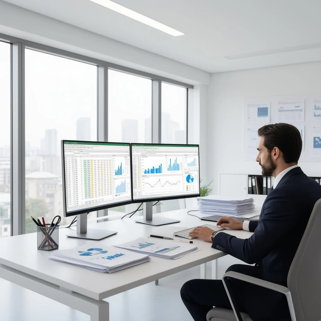 Financial professional working with reports and spreadsheets on two monitors