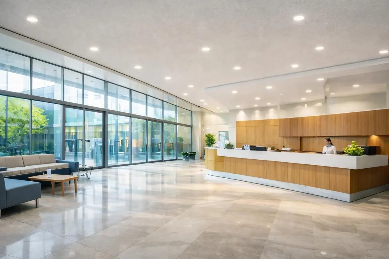 Bright reception area in a modern healthcare facility