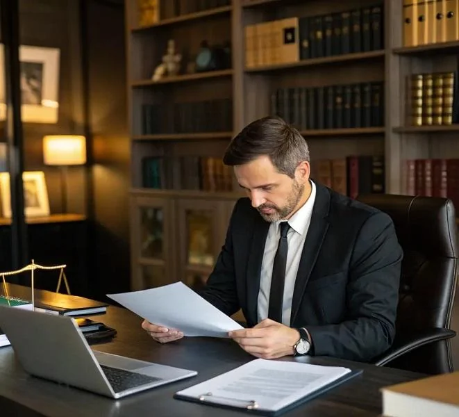 Lawyer reviewing documents beside a laptop in a law office