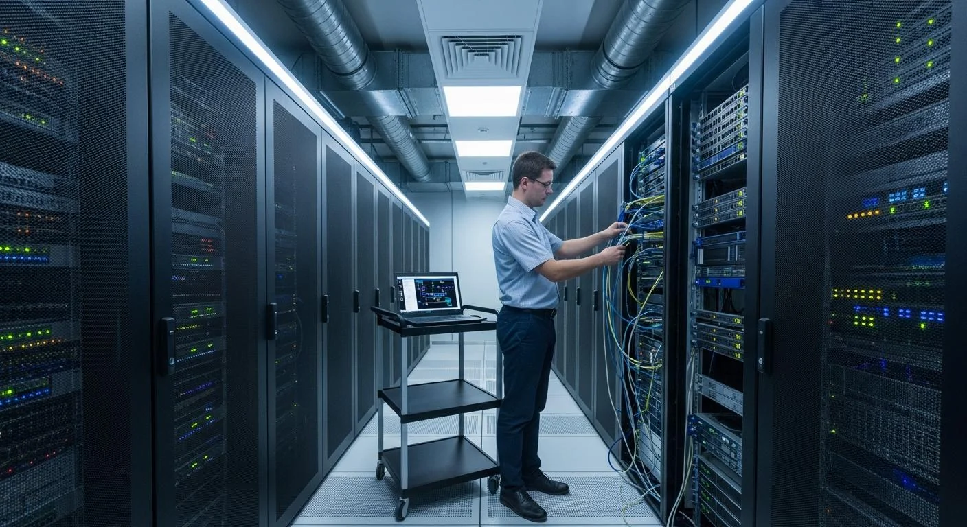 IT technician maintaining network infrastructure in a server room