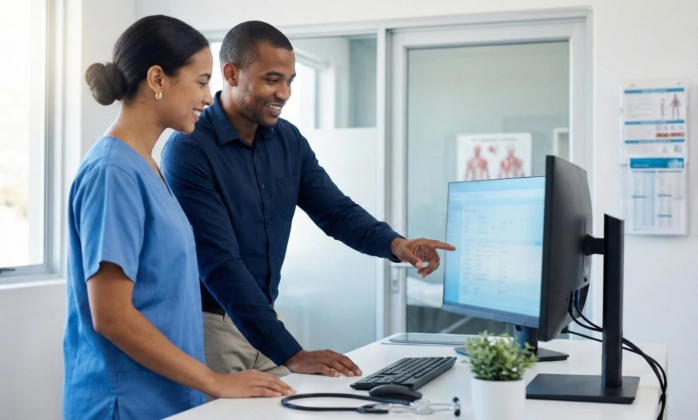 Healthcare team reviewing information on a clinic workstation
