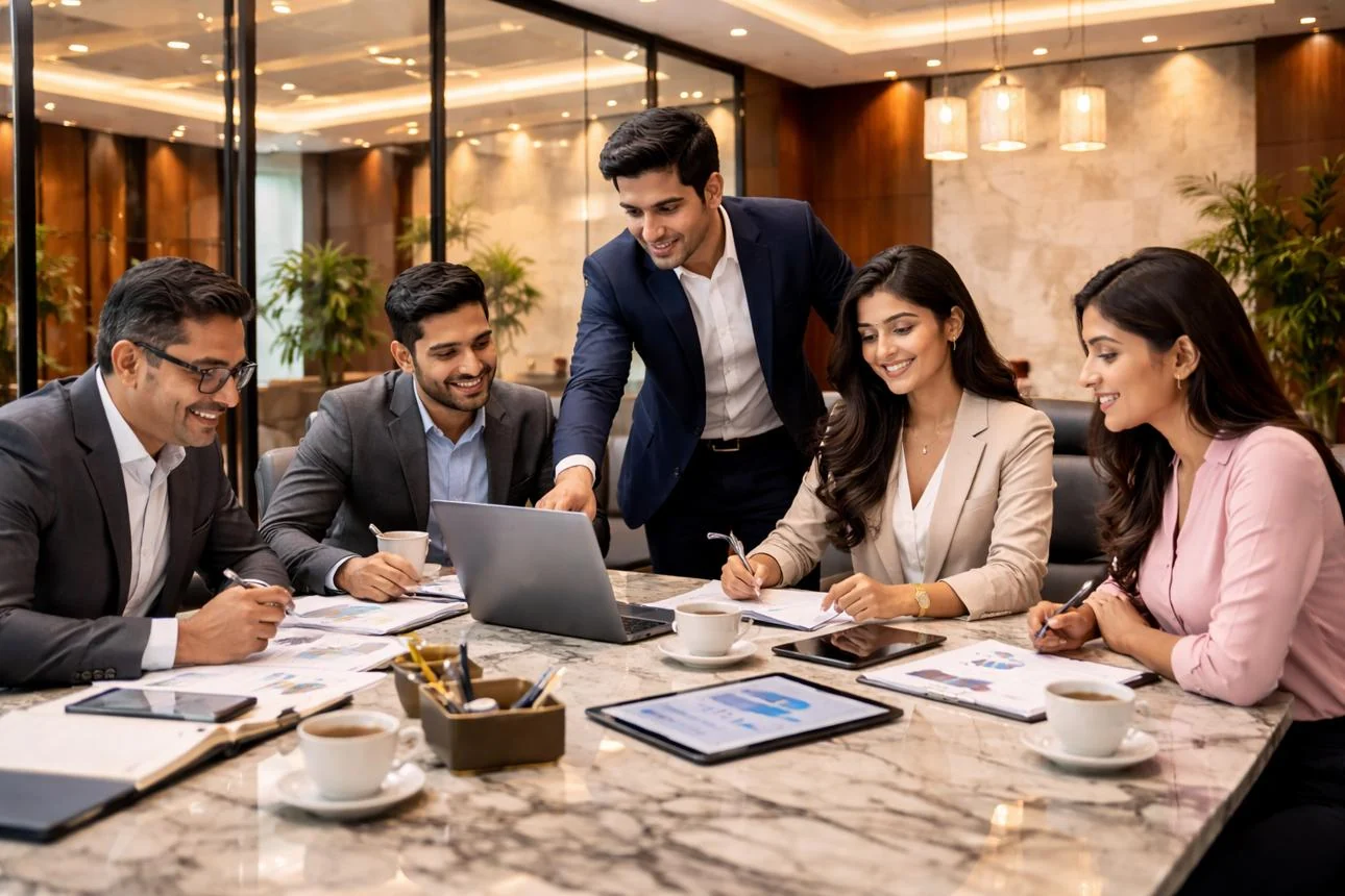 Business professionals reviewing documents together in a meeting