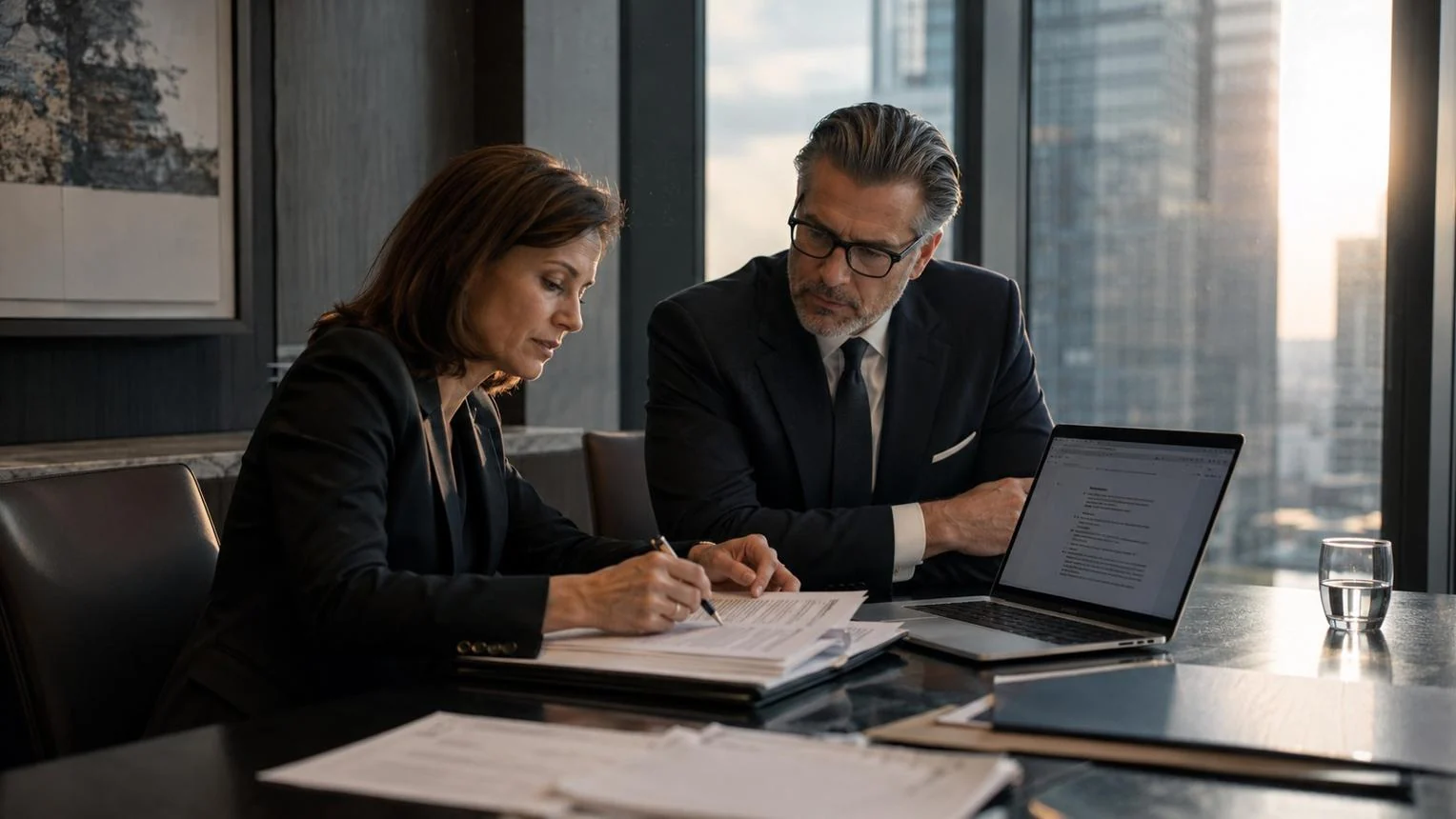 Legal professionals reviewing documents together in an office