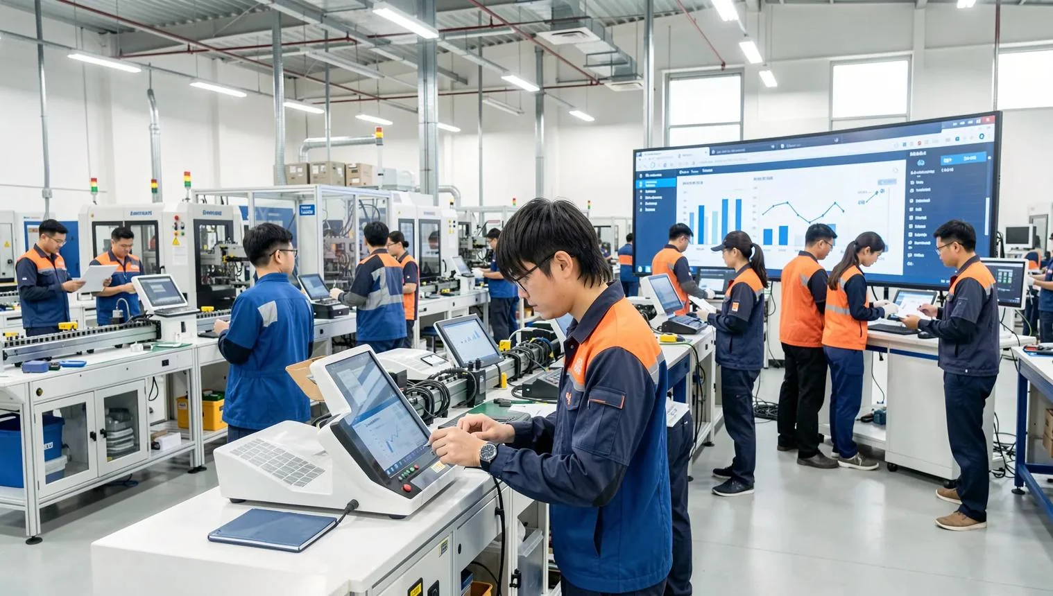 Manufacturing team using workstations on a production floor